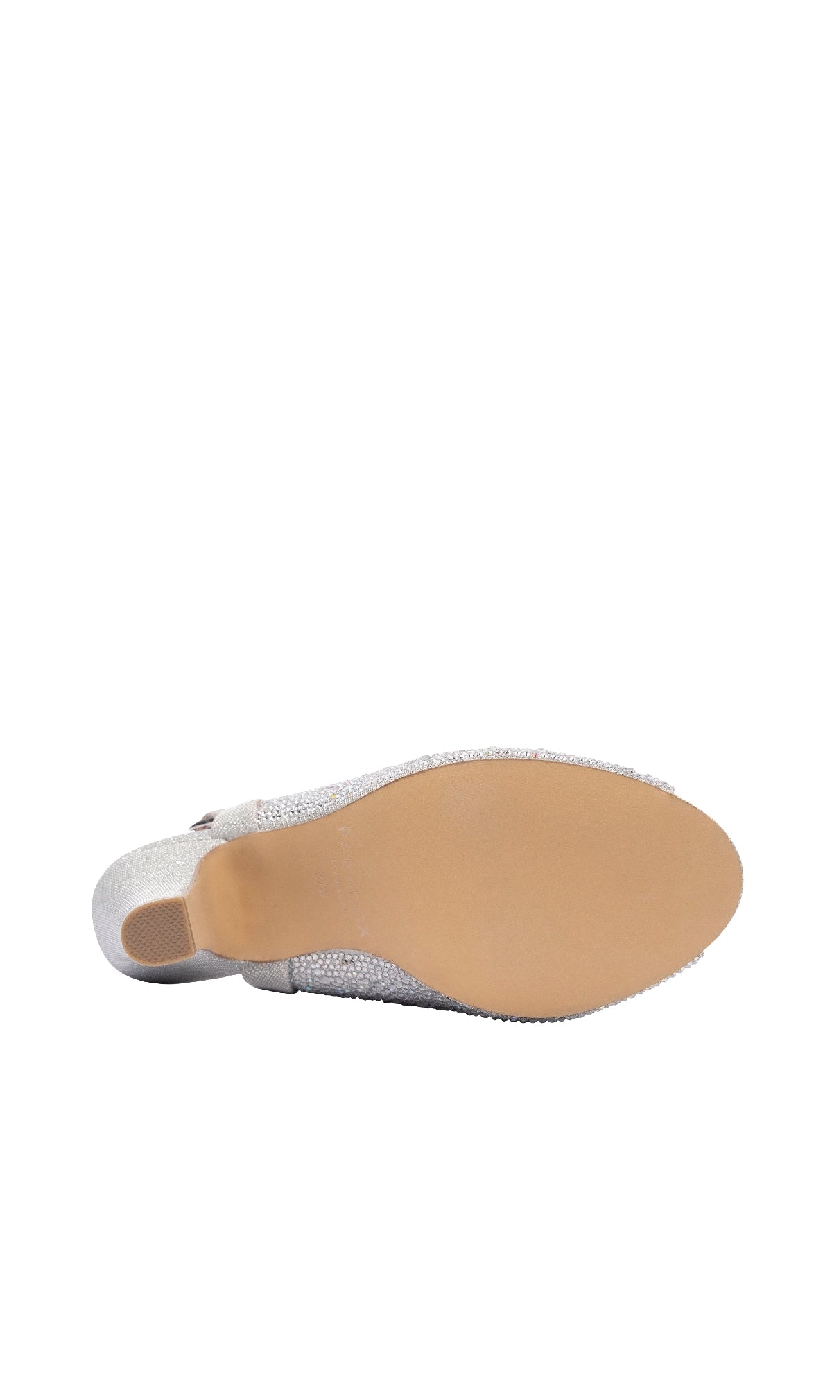 The image shows the bottom view of the Glory Silver Glitter Prom Shoes: Paradox London P2300, featuring a flat, beige sole, closed toe, and an upper covered in light silver glitter.